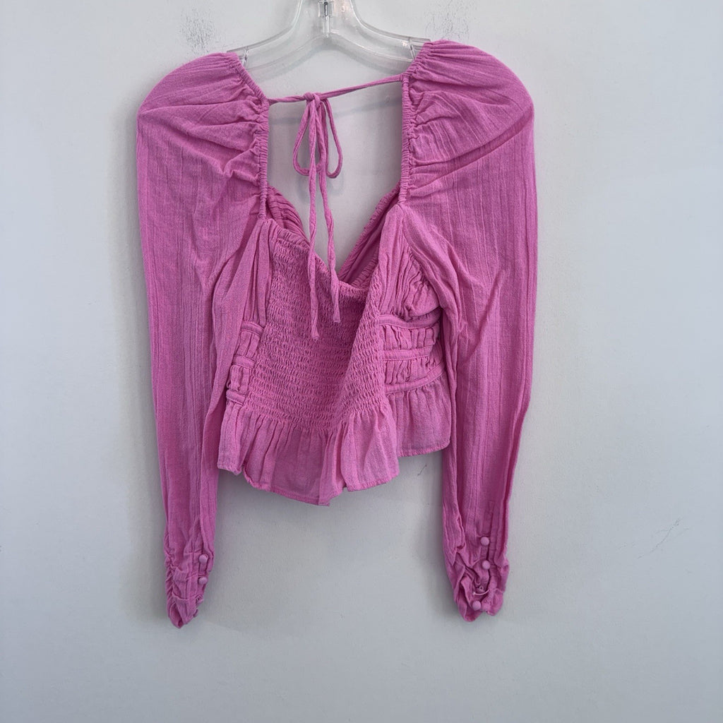Free People Pink Boho Peasant Crop Top M Ruched Long Sleeve Cotton Womens