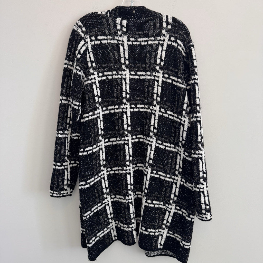 NWT Nine West Women's Large Black White Plaid Cardigan Metallic Knit AS-IS