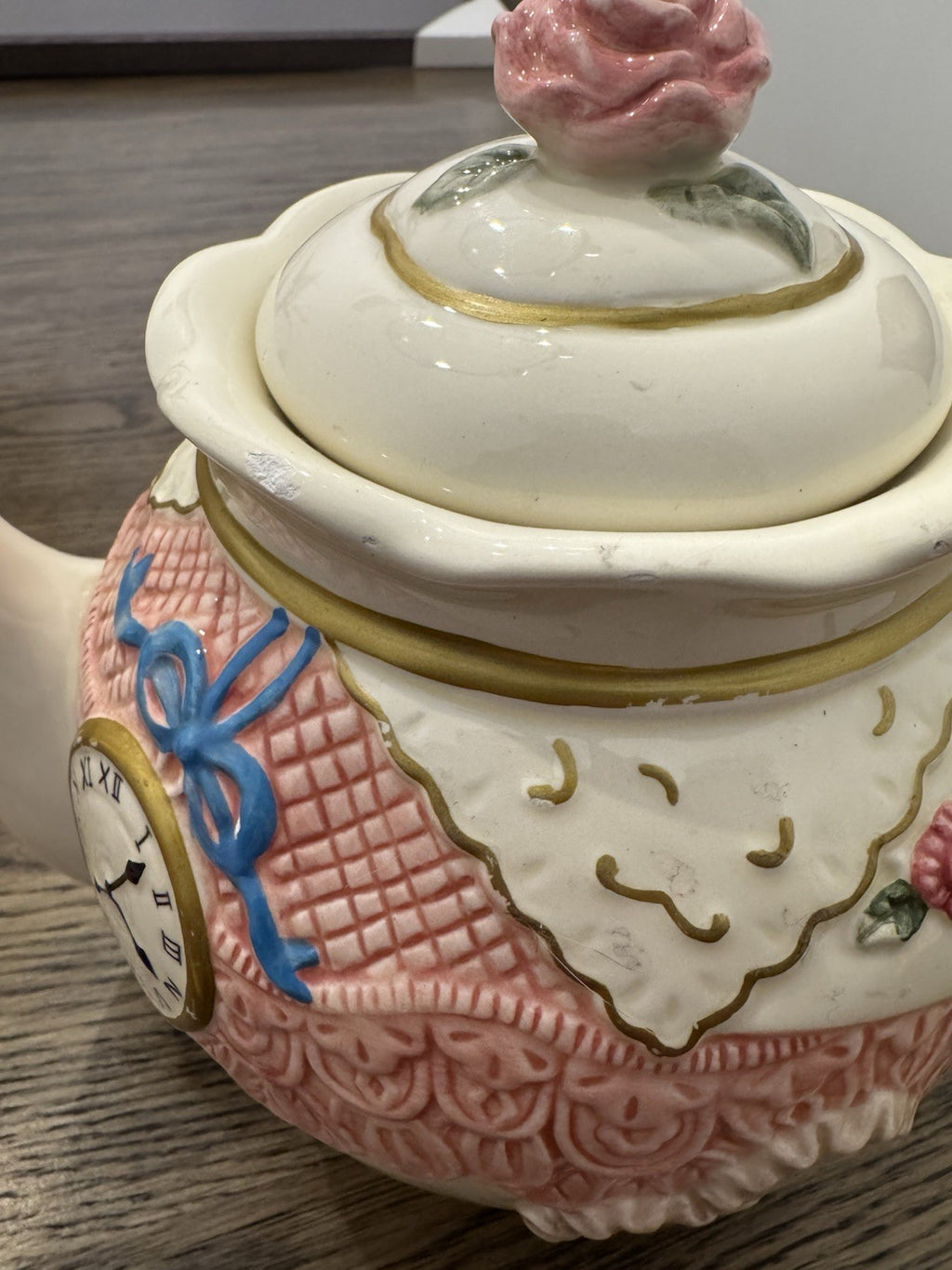 1990s Seymour Mann Ceramic Teapot w/ Floral Clock Bow Rose Design