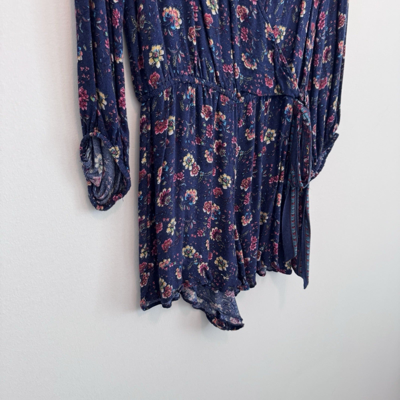 American Eagle Floral Wrap Romper Dress Small Blue Boho Long Sleeve