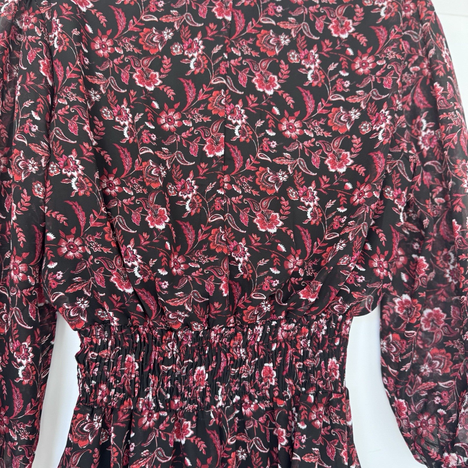 Kate and Lily Dress Size 4 Black Red Floral Midi Sheer Sleeve Smocked Waist