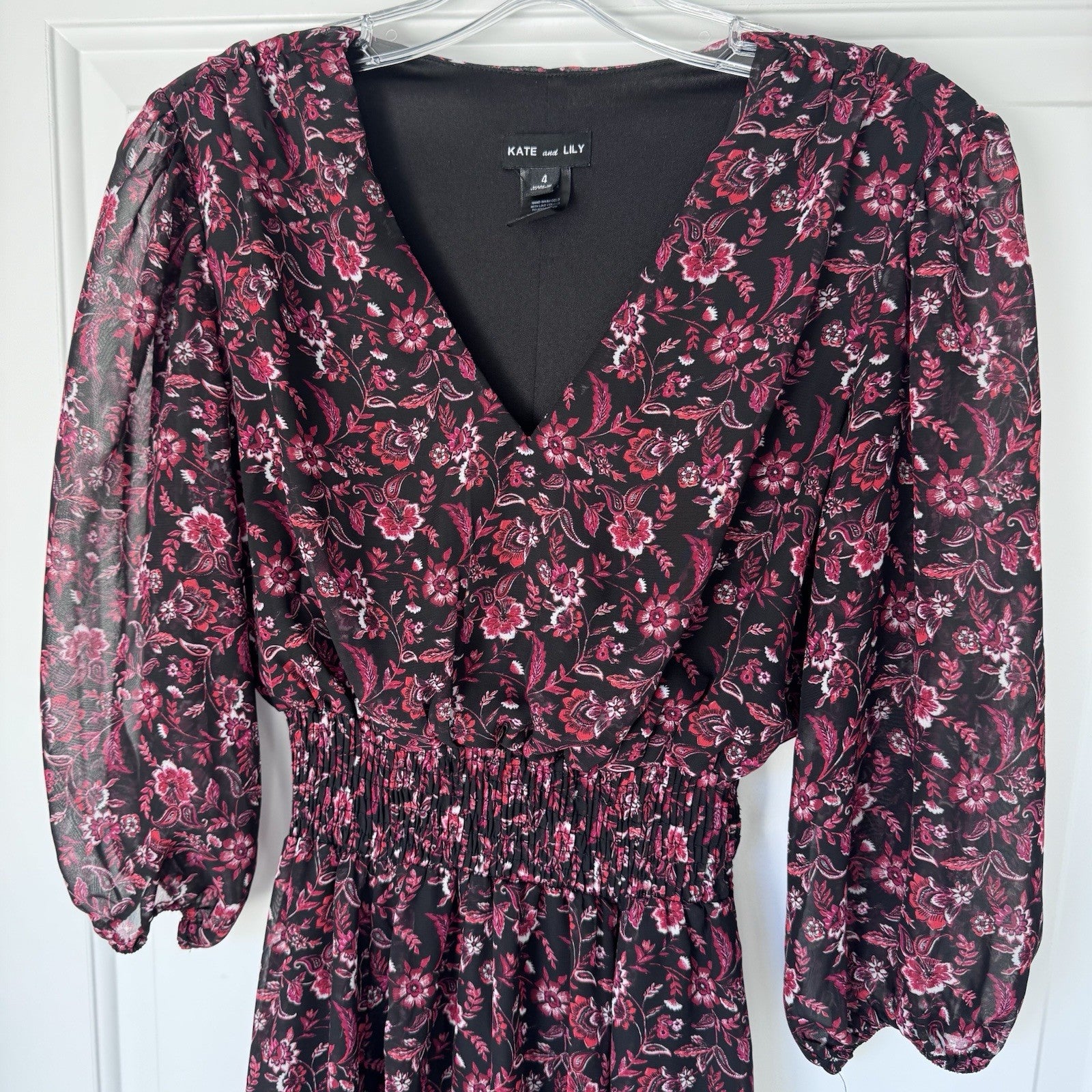Kate and Lily Dress Size 4 Black Red Floral Midi Sheer Sleeve Smocked Waist