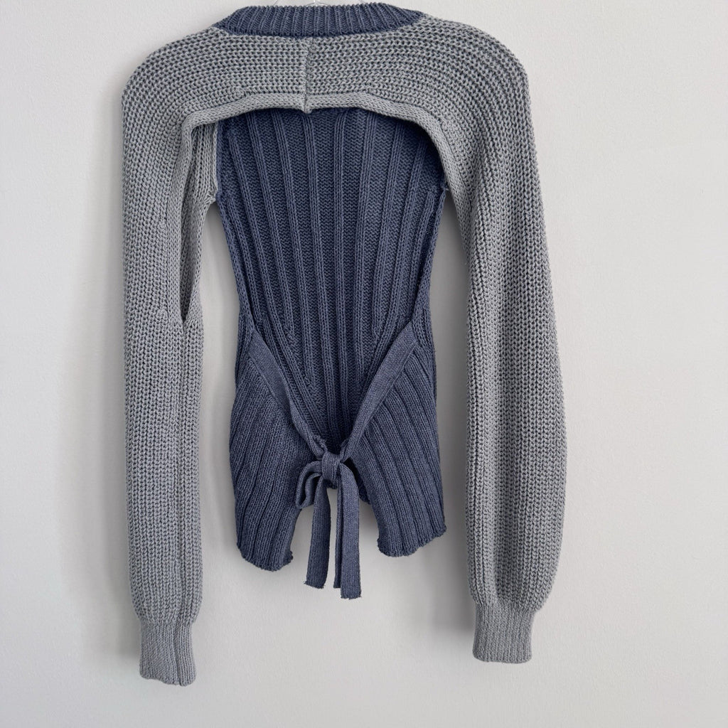 Zara Knit Tie Back Sweater Blue Gray Colorblock Long Sleeve Size M NWT 