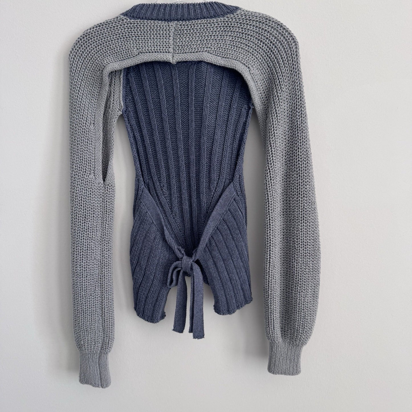 Zara Knit Tie Back Sweater Blue Gray Colorblock Long Sleeve Size M NWT 