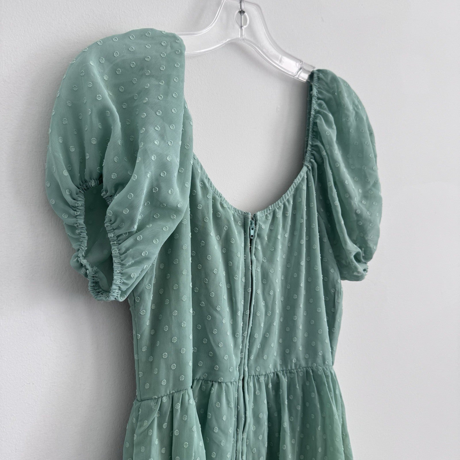 Trixxi Womens S Sage Green Swiss Dot Puff Sleeve Mini Dress NWT