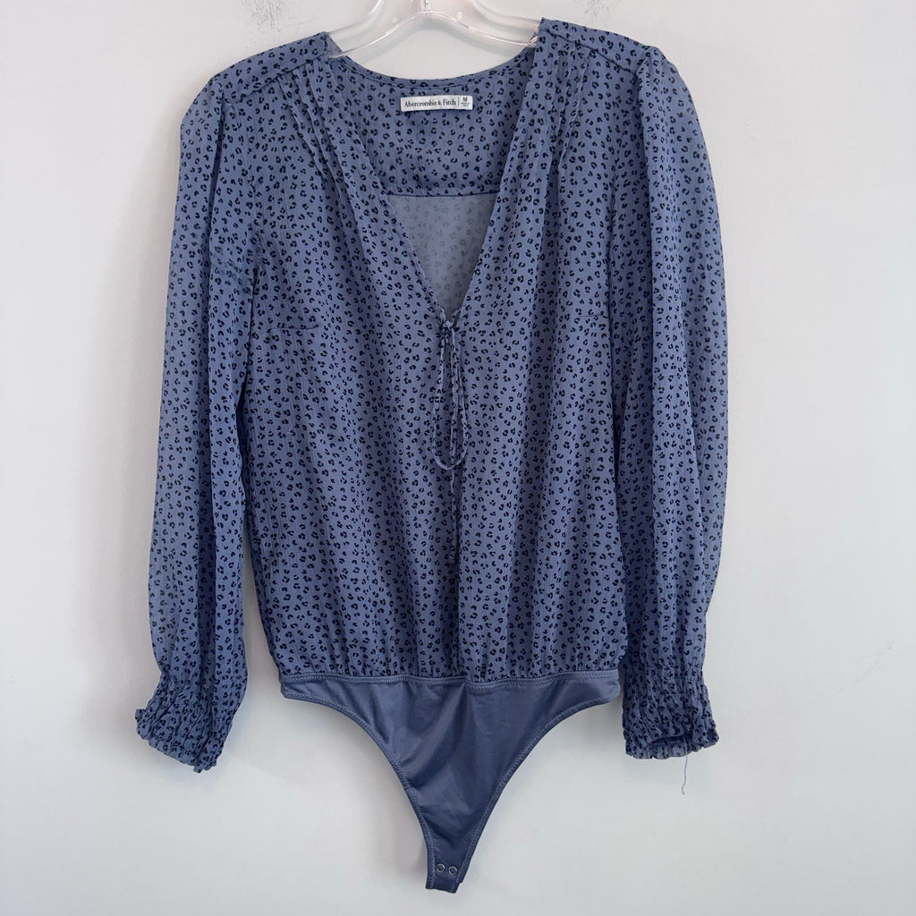 Abercrombie & Fitch Bodysuit Top M Blue Leopard Print Long Sleeve