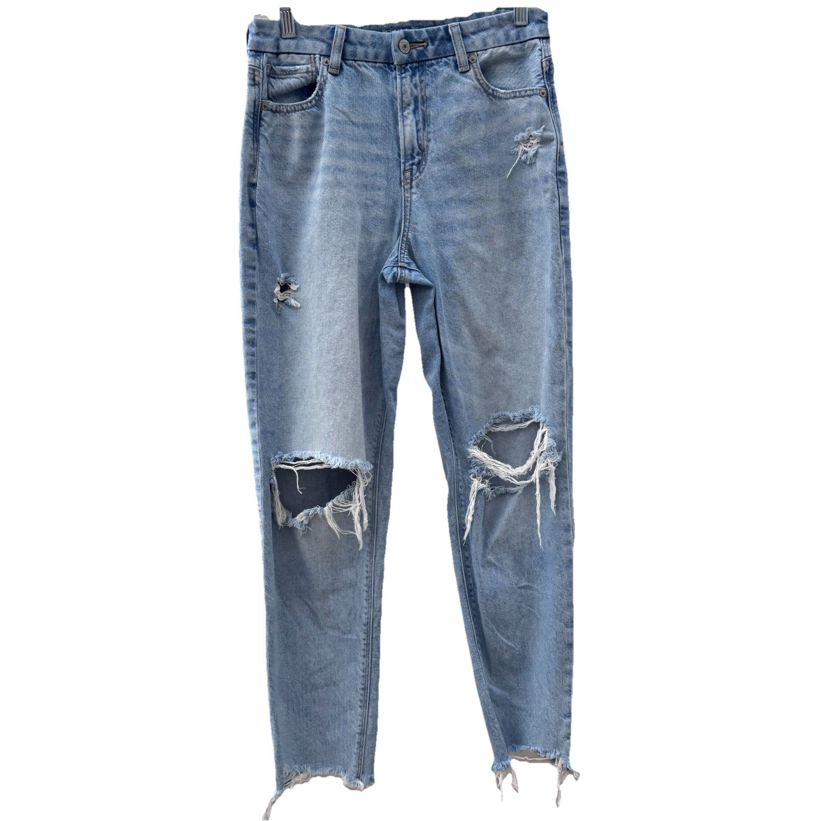 AE Curvy Mom Jeans Women’s 4R Light Wash Distressed Ripped Knee Frayed Hem