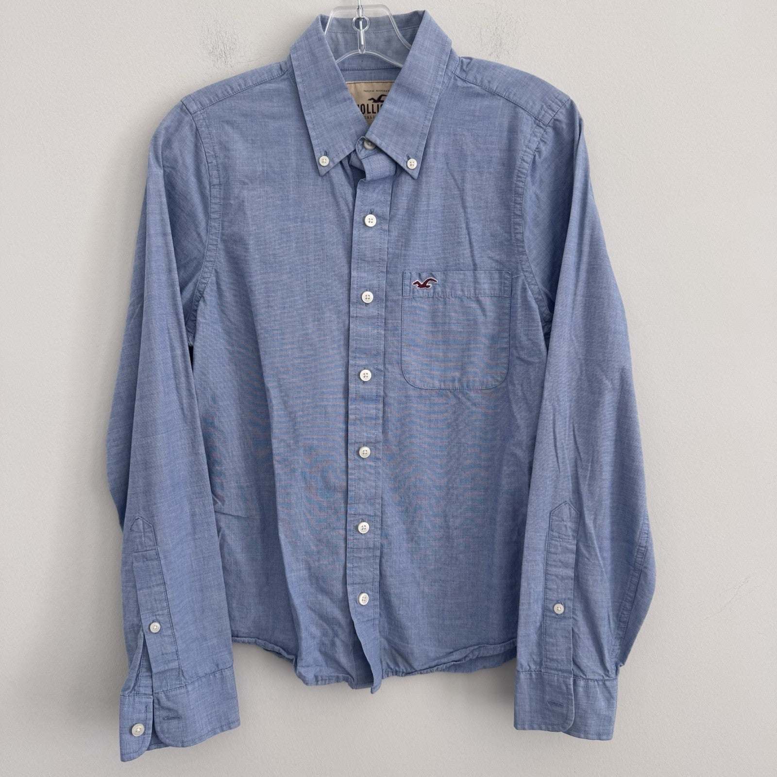 Hollister Mens Button Up Shirt Small Blue Oxford Cotton Casual Logo
