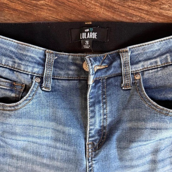 Size 26 Lularoe high rise skinny jeans with distressed knee details