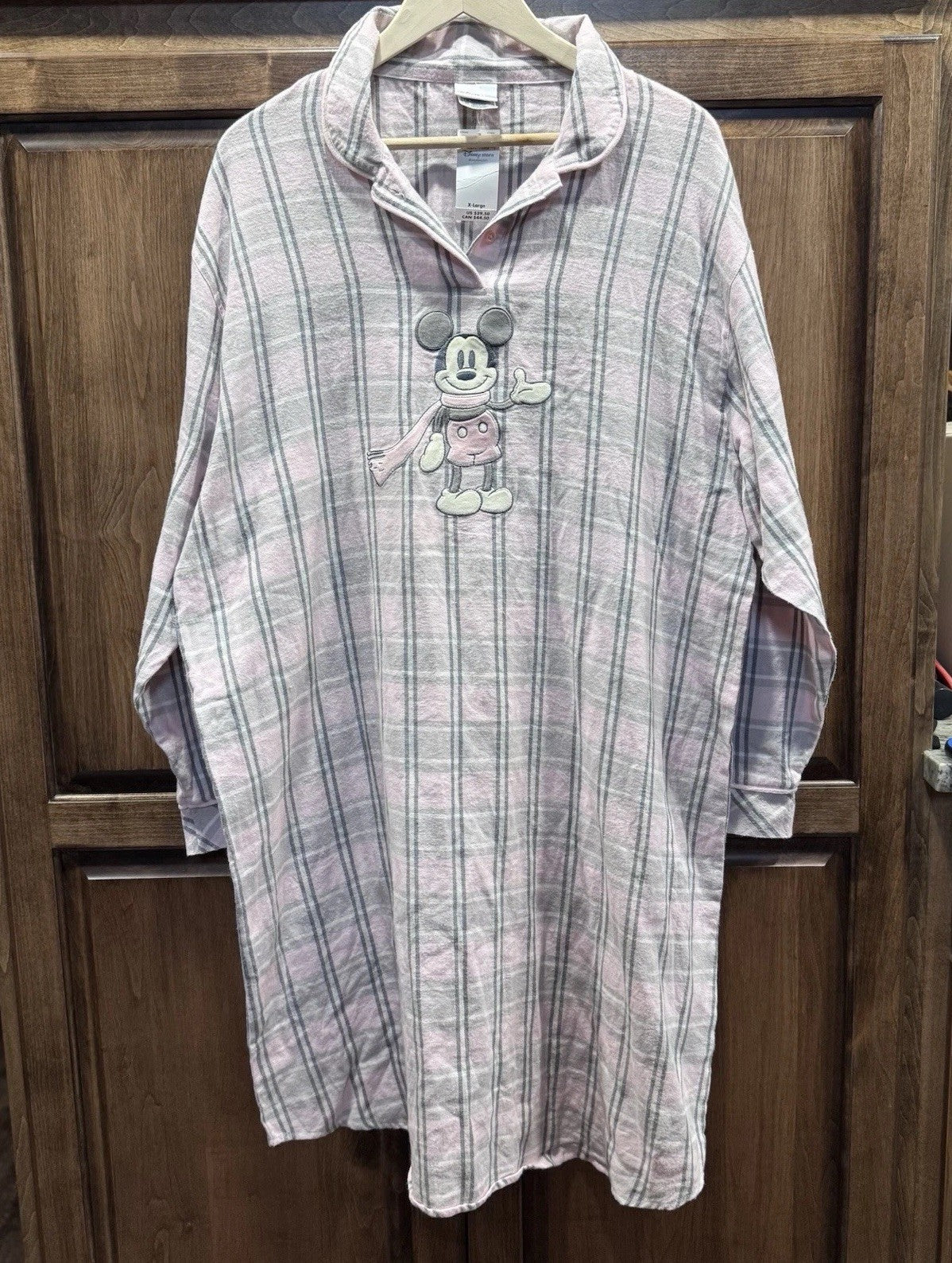 Vintage Disney Store Mickey Mouse Pink Gray Plaid Flannel Nightshirt XL 