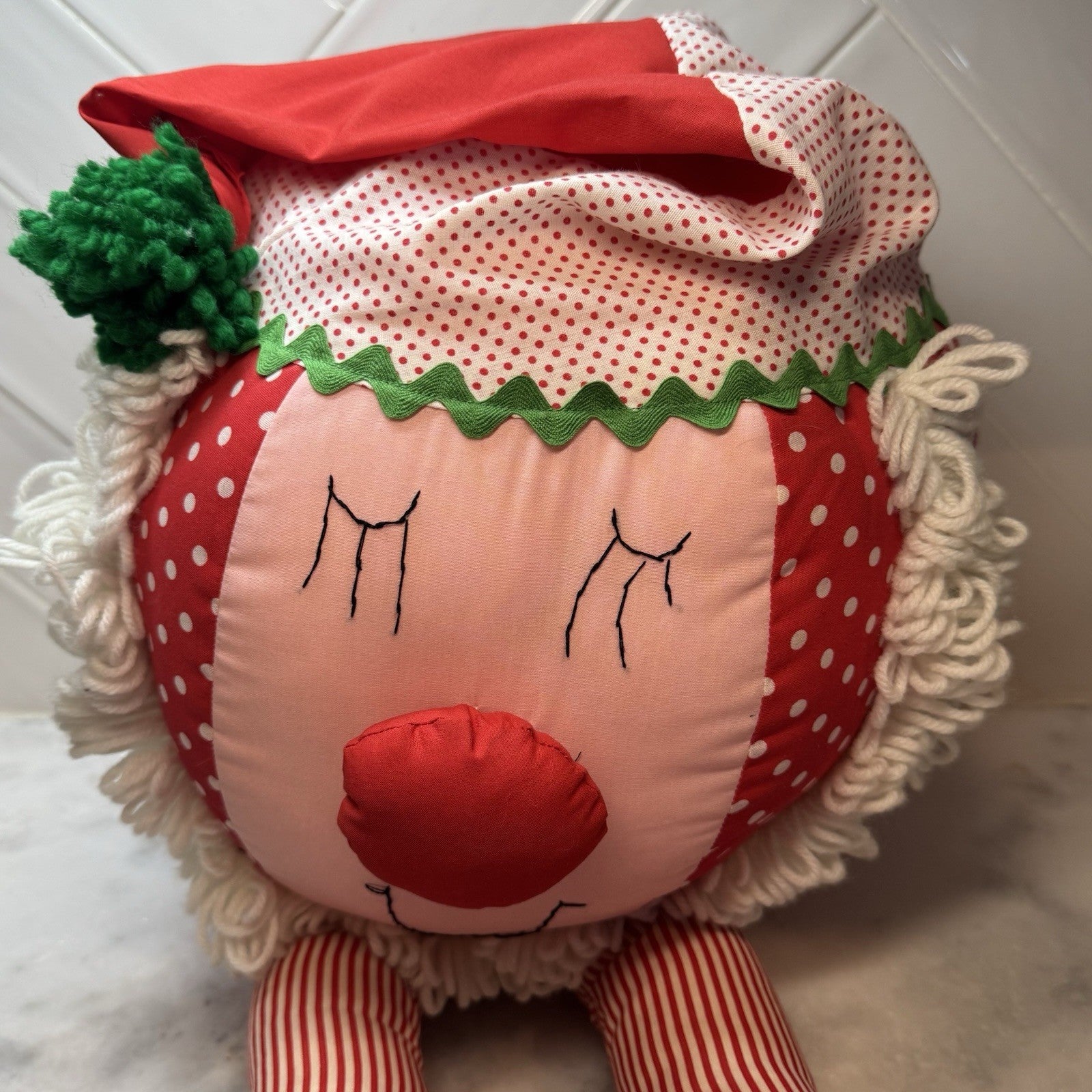 Vintage Christmas Elf Rag Doll Plush Red Polka Dot Shelf Sitter Decor Roly Poly