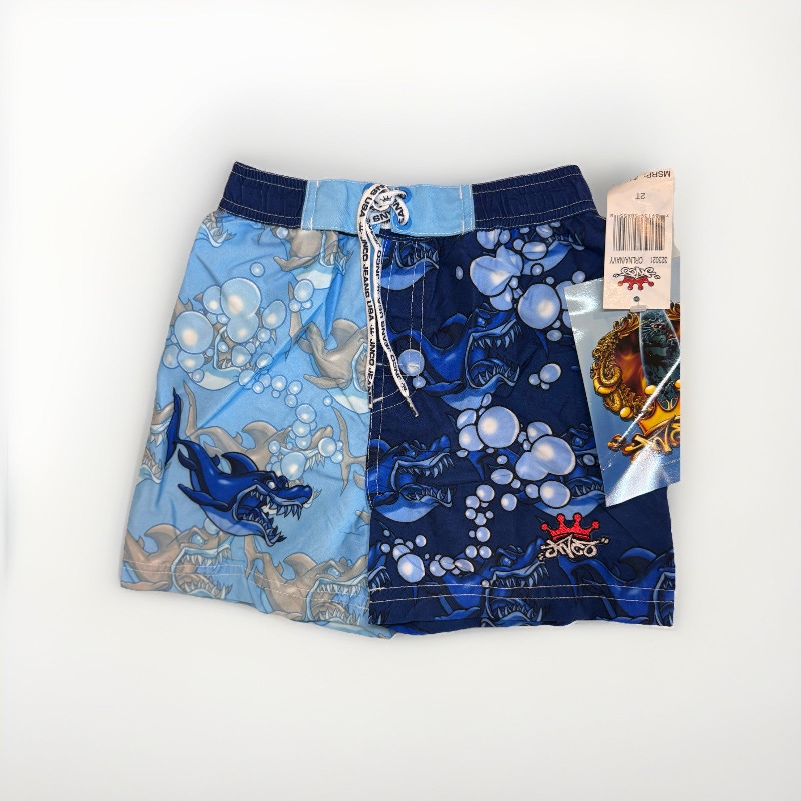 Vintage JNCO Jeans Toddler Boys 2T Swim Trunks Shark Print Blue NWT Deadstock