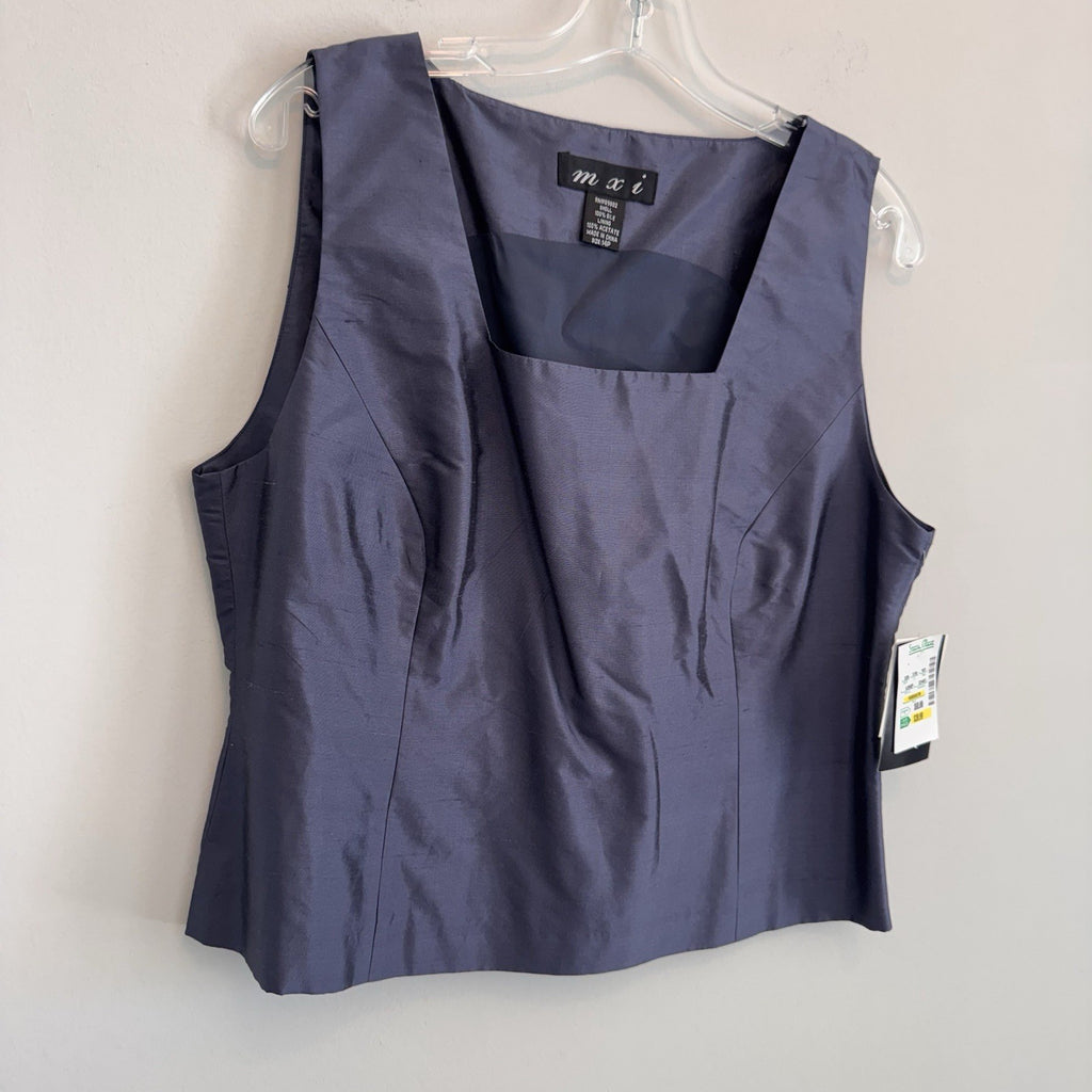 NWT mxi 100% Silk Sleeveless Shell Top Blouse Blue Slate Size 14P Petite