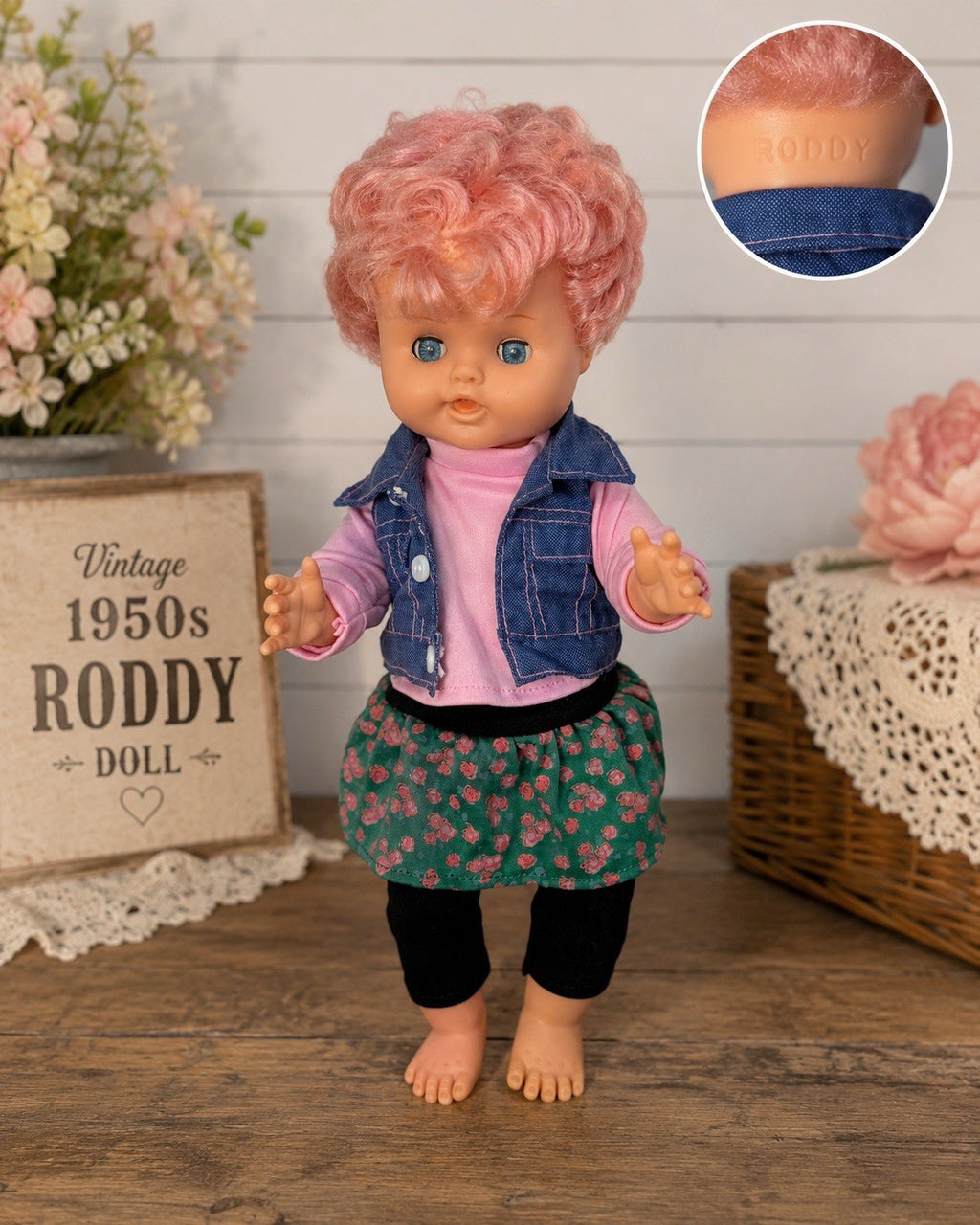 Vintage 1950s Roddy Doll Pink Hair Blue Eyes 14 Inch Vinyl Doll England