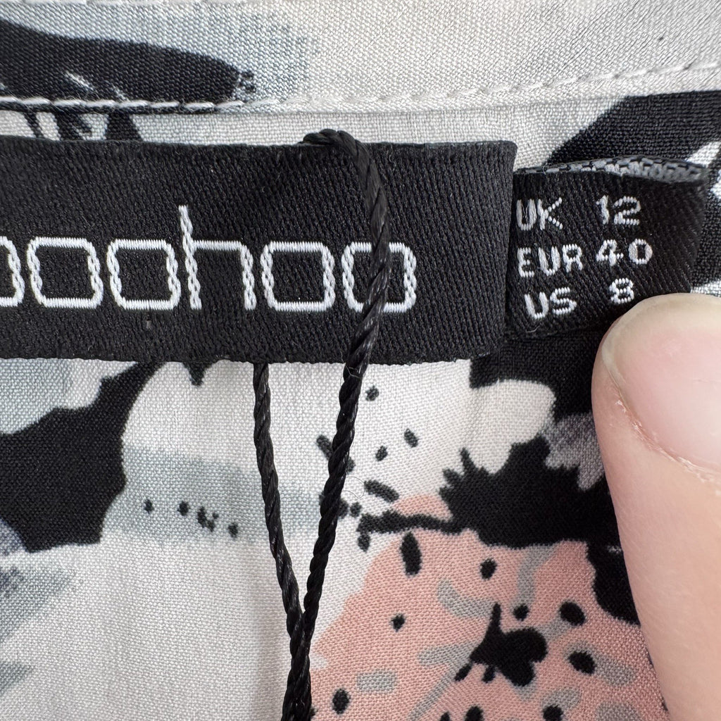 Boohoo Floral Wrap Romper US 8 Black White Pink Long Sleeve NWOT
