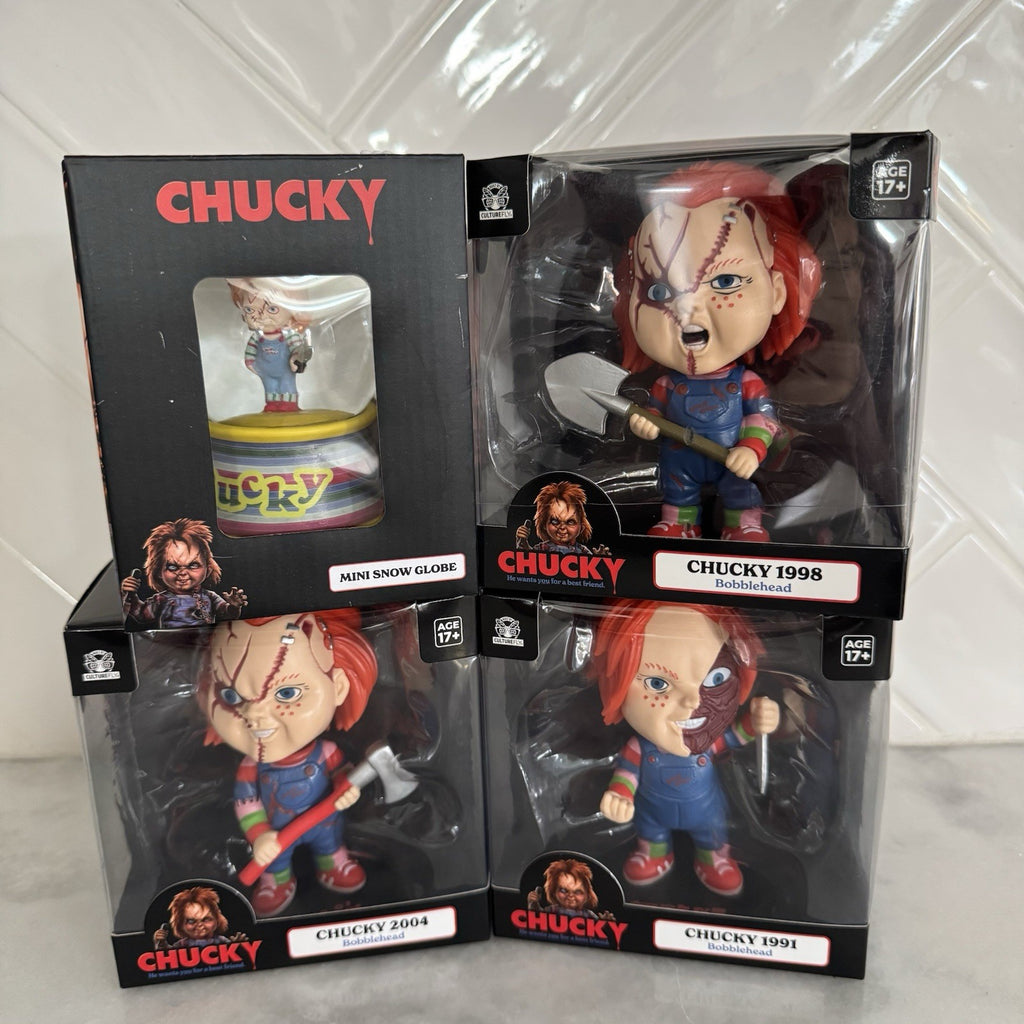 Chucky Bobblehead Lot CultuFly 1991 1998 2004 + Mini Snow Globe Horror NIB RARE