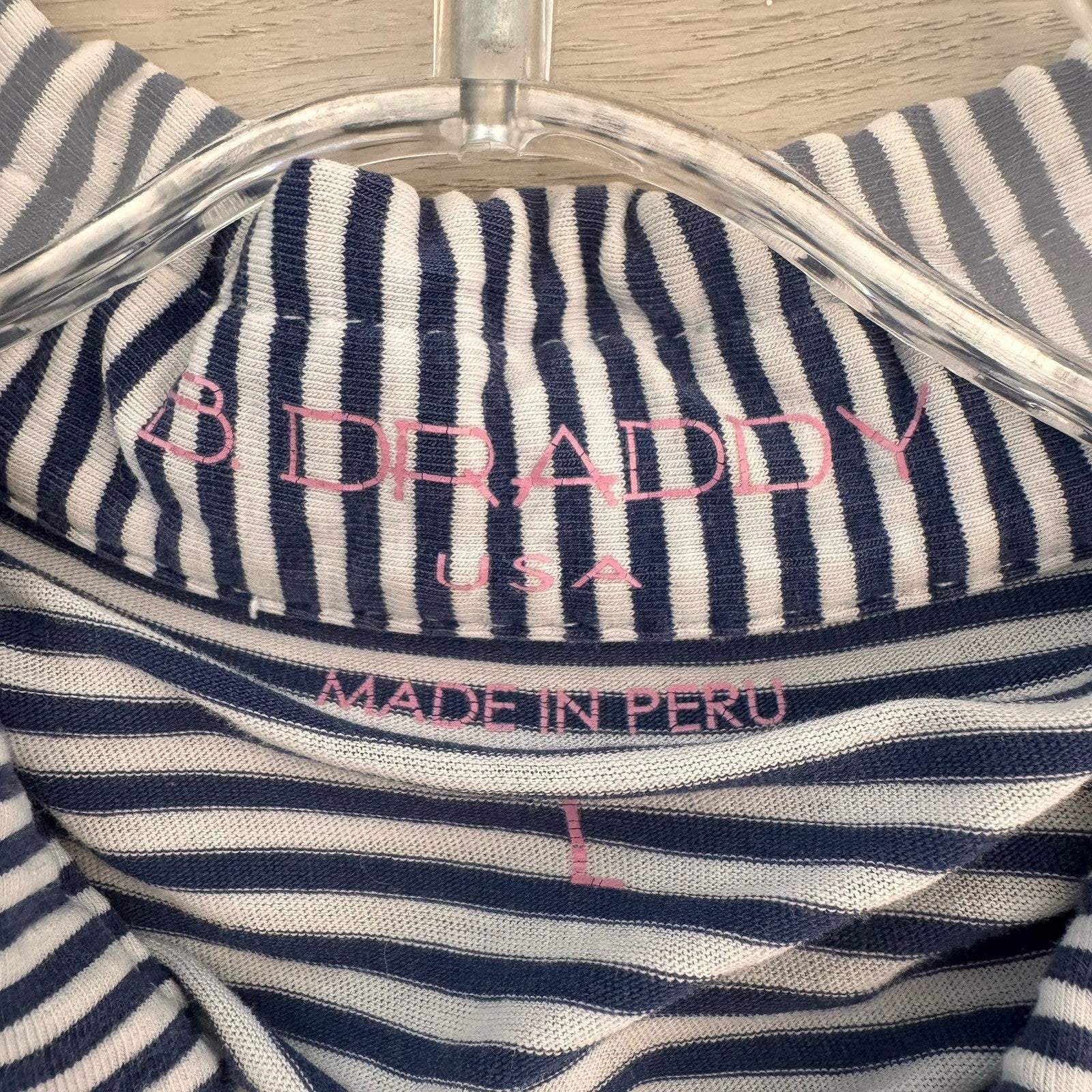 B. Draddy Men's Large Pima Cotton Striped Polo Shirt Navy White Pink Script