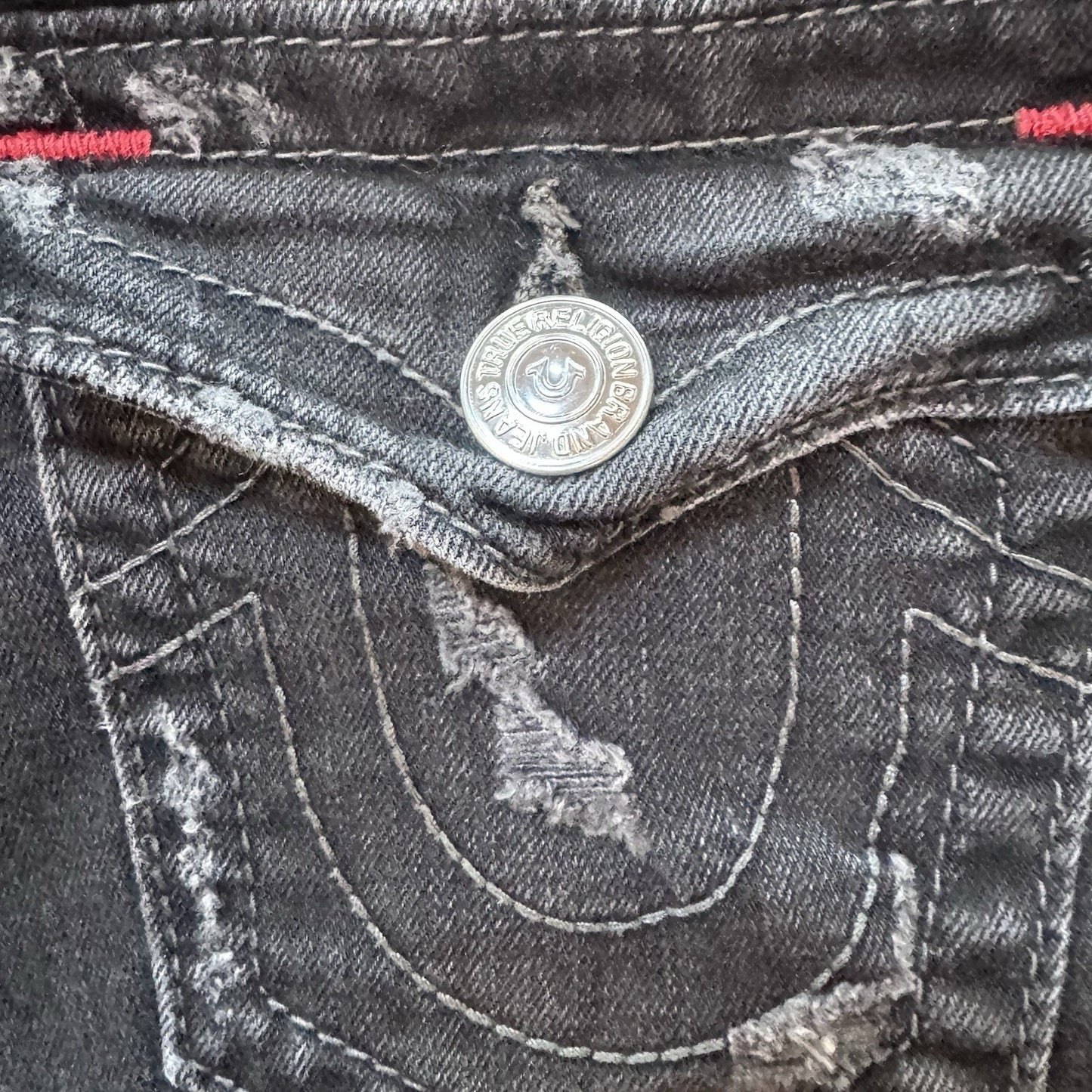 True Religion Mid Cut Off Denim Shorts Black Distressed Flap Pockets Size 30