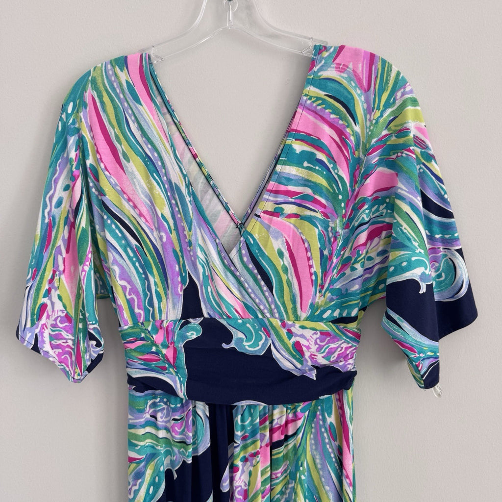 Lilly Pulitzer Maxi Dress S Blue Pink Green Wrap V Neck Resort
