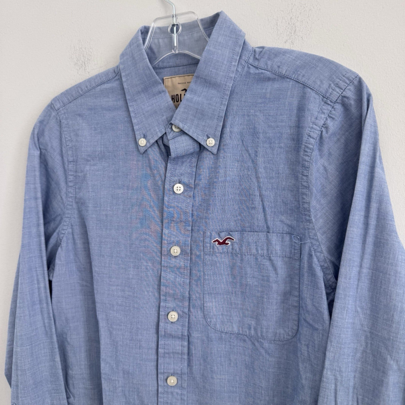 Hollister Mens Button Up Shirt Small Blue Oxford Cotton Casual Logo