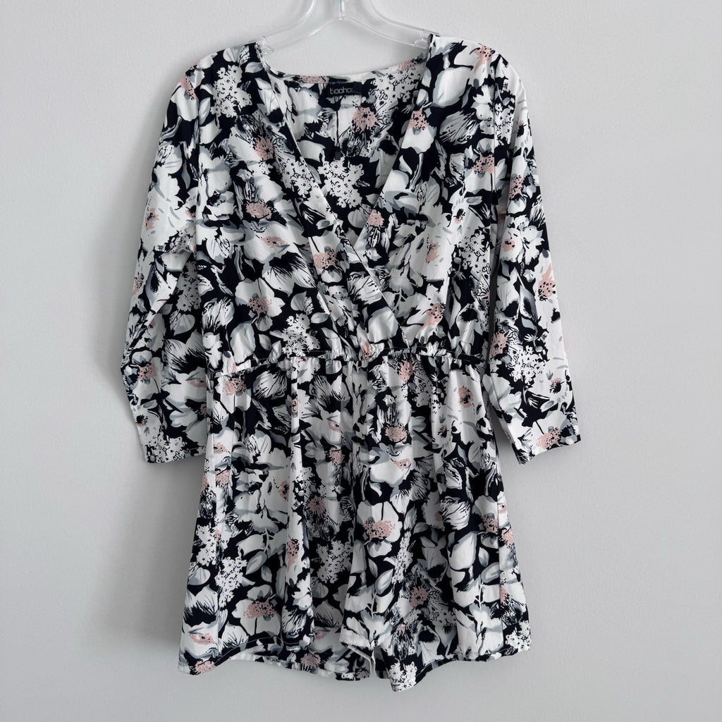 Boohoo Floral Wrap Romper US 8 Black White Pink Long Sleeve NWOT