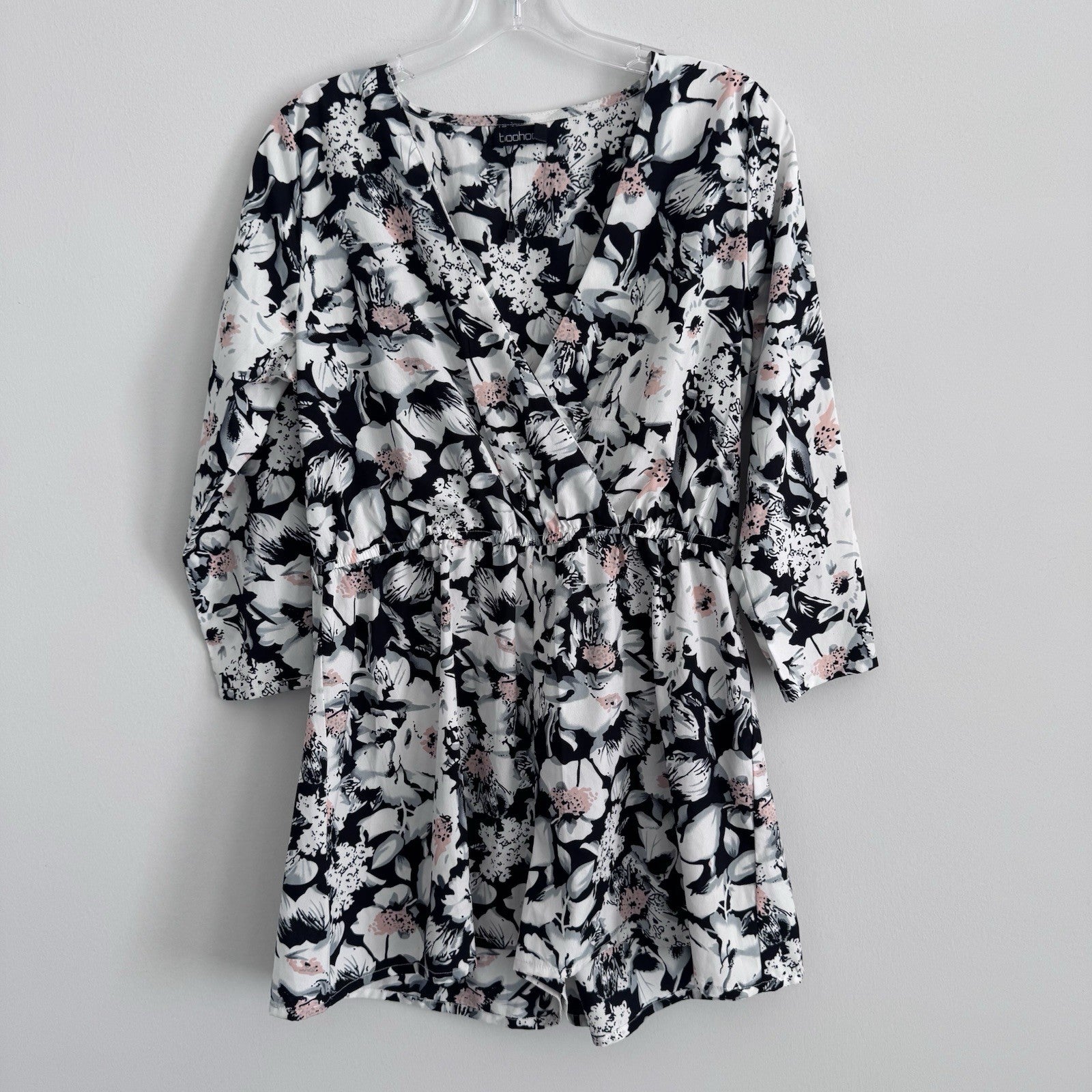 Boohoo Floral Wrap Romper US 8 Black White Pink Long Sleeve NWOT