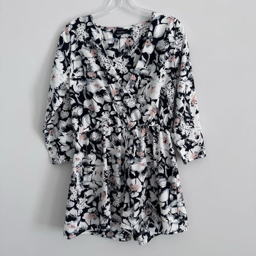 Boohoo Floral Wrap Romper US 8 Black White Pink Long Sleeve NWOT