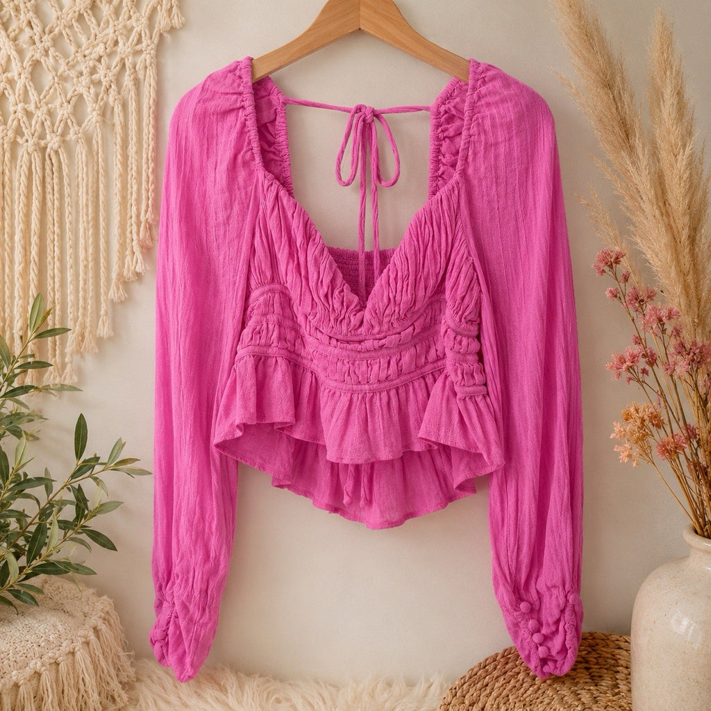 Free People Pink Boho Peasant Crop Top M Ruched Long Sleeve Cotton Womens