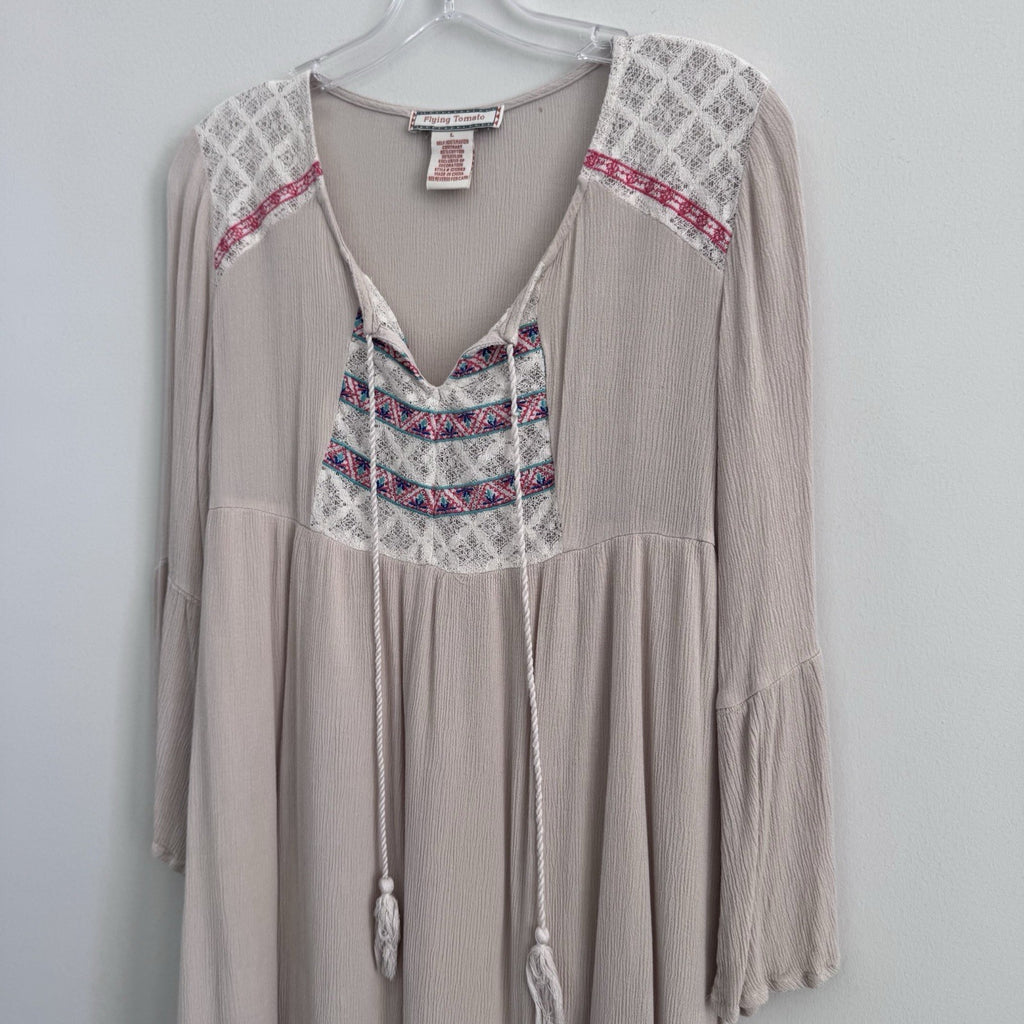 Women’s Flying Tomato Boho Peasant Dress Size L Taupe Lace