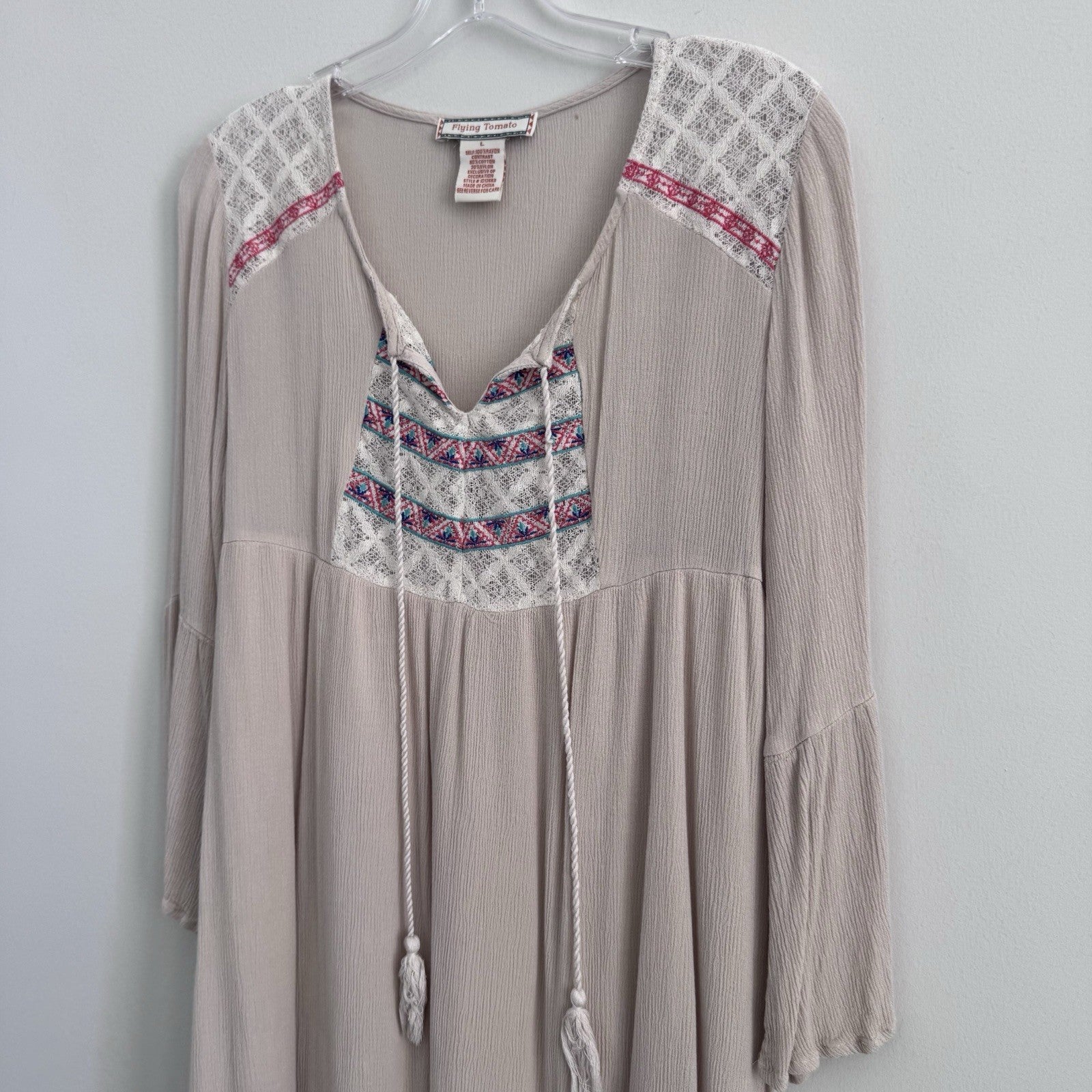 Women’s Flying Tomato Boho Peasant Dress Size L Taupe Lace