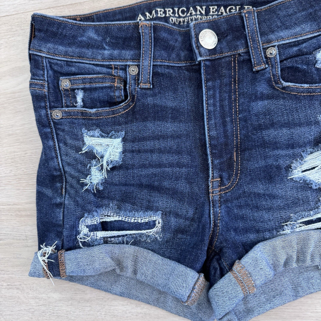 American Eagle Women’s Hi Rise Shortie Shorts 0 Distressed Stretch
