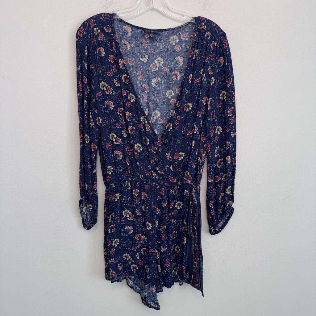 American Eagle Floral Wrap Romper Dress Small Blue Boho Long Sleeve