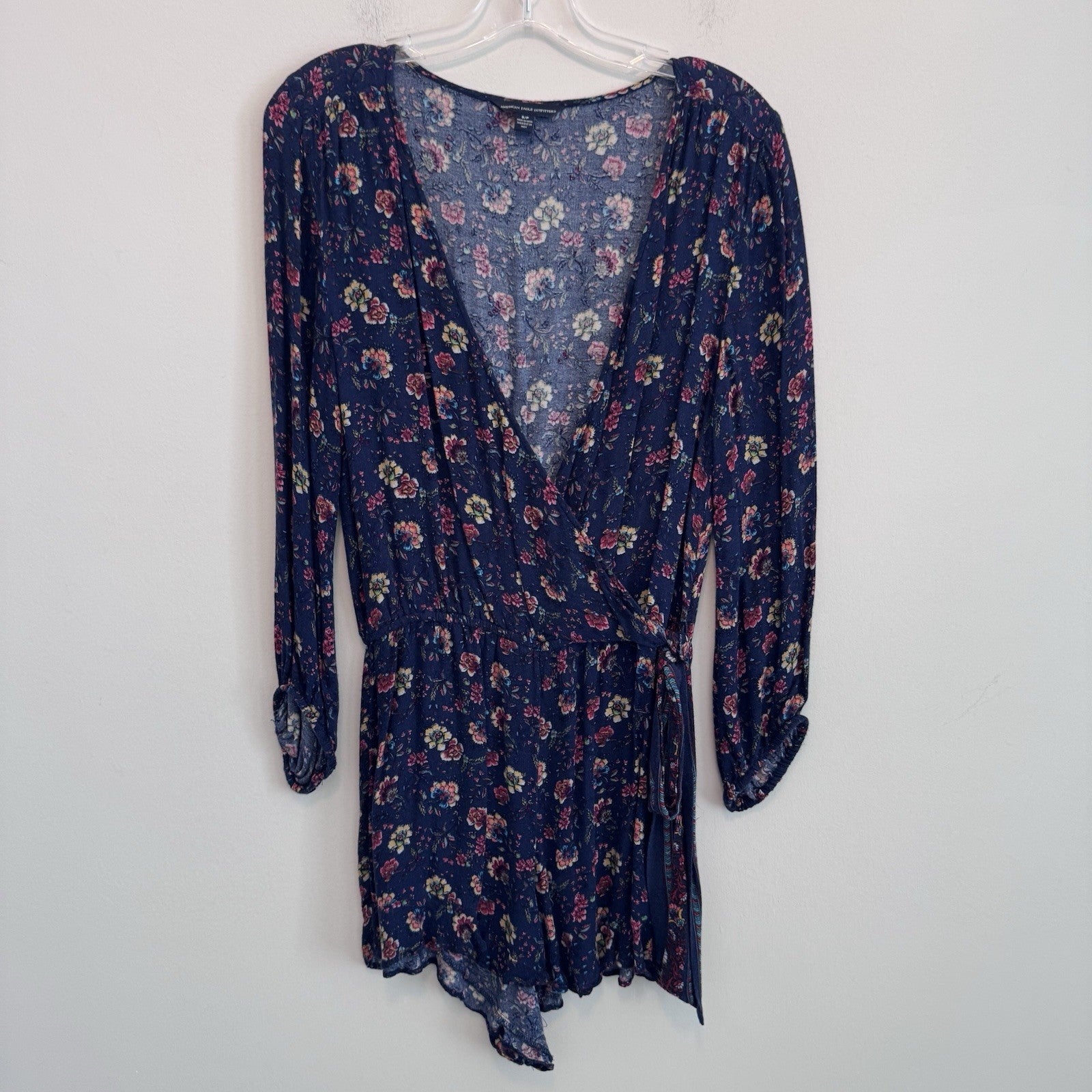 American Eagle Floral Wrap Romper Dress Small Blue Boho Long Sleeve