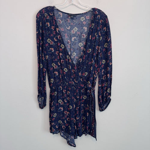 American Eagle Floral Wrap Romper Dress Small Blue Boho Long Sleeve