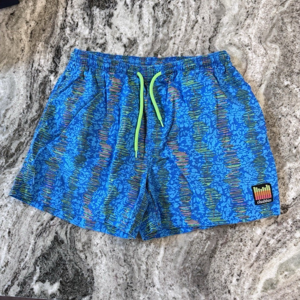 Chubbies Men's Swim Trunks Medium Blue Neon Equalizer Print Quick Dry Shorts Ret