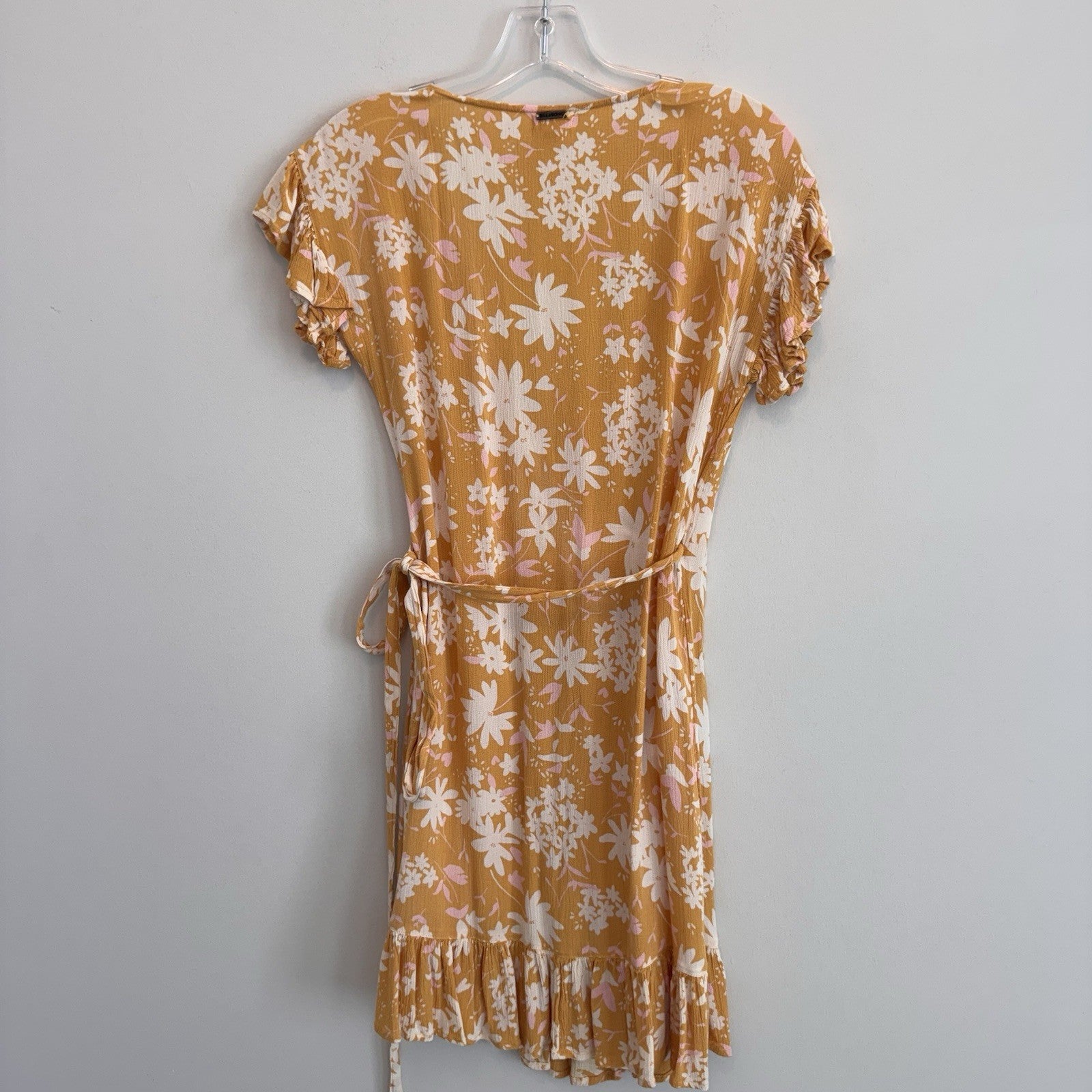 BILLABONG Wrap & Roll Mini Dress Sz S Yellow Floral VNeck Flutter Sleeve Women’s
