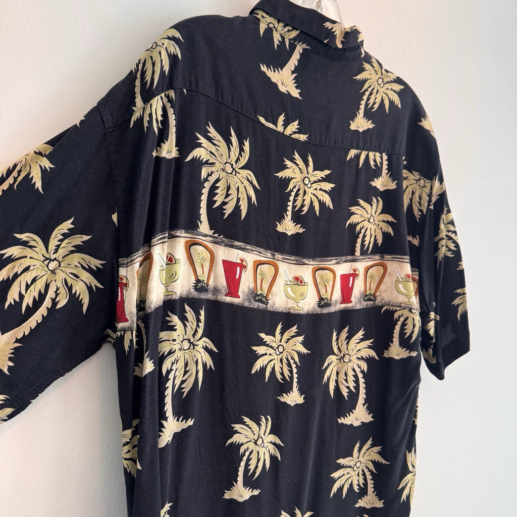 Pierre Cardin Hawaiian Shirt Mens Medium Black Rayon Palm Tree Tropical Drinks