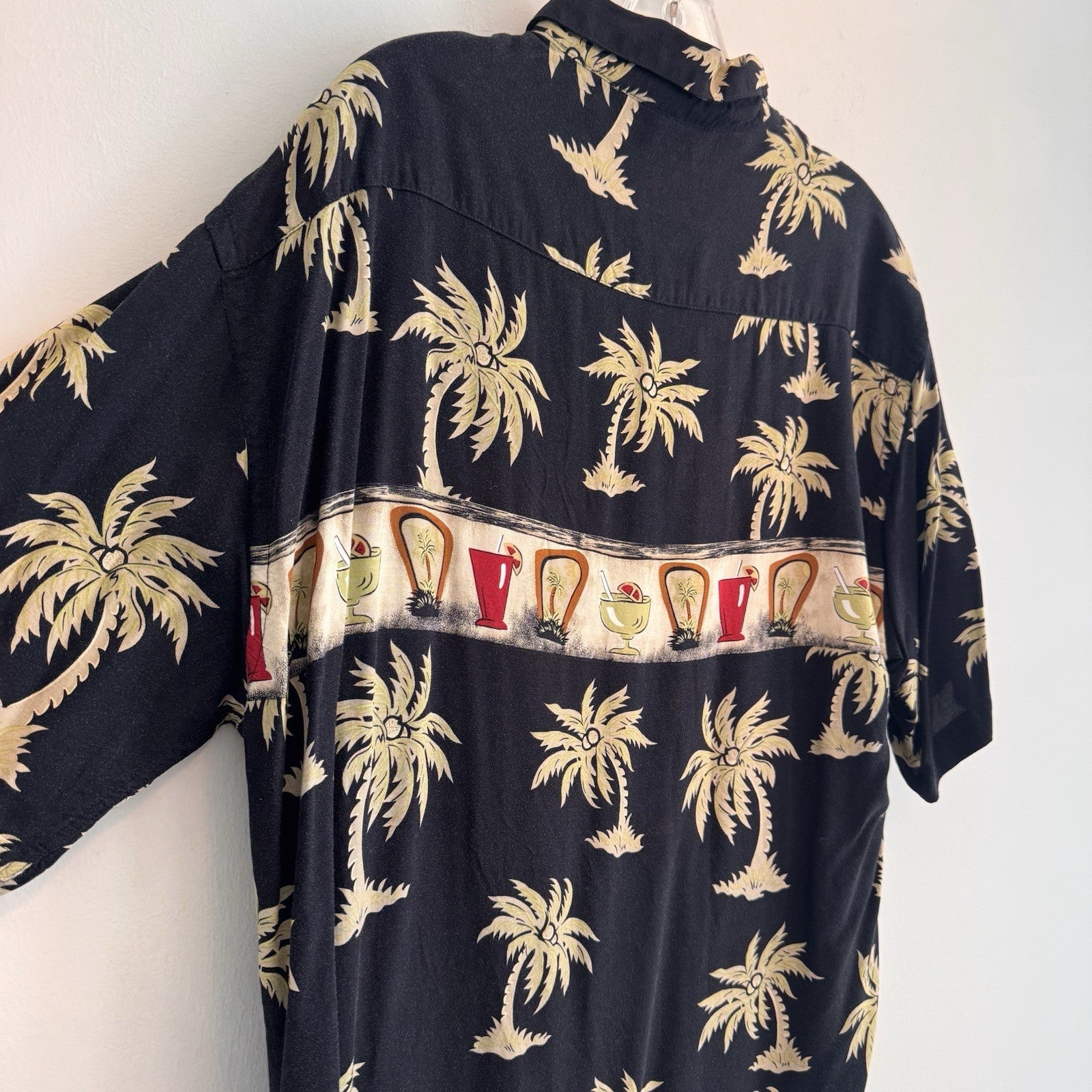 Pierre Cardin Hawaiian Shirt Mens Medium Black Rayon Palm Tree Tropical Drinks