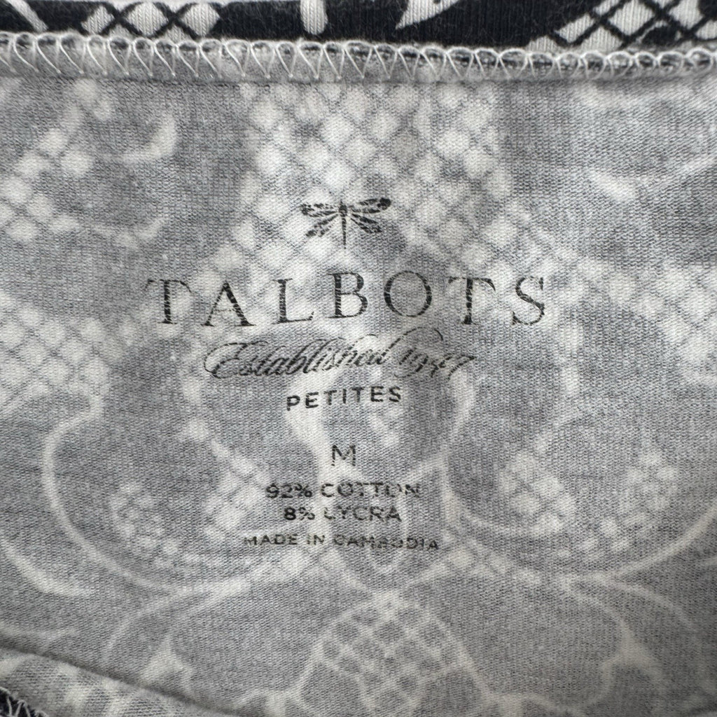 Talbots Petites M Black White Damask 3/4 Sleeve Cotton Top