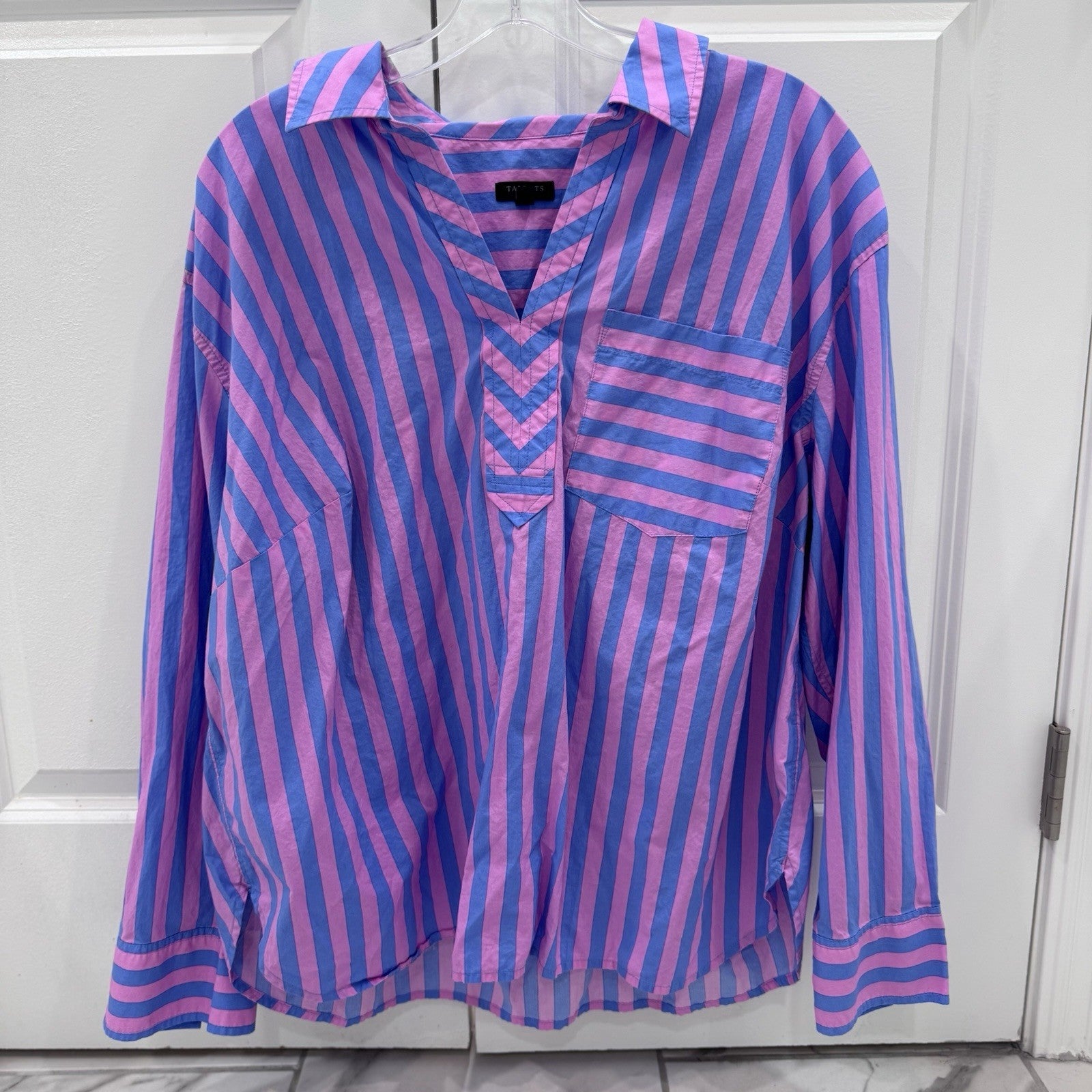 Talbots Plus Womens Striped Popover Blouse 1X Pink Blue Cotton Top