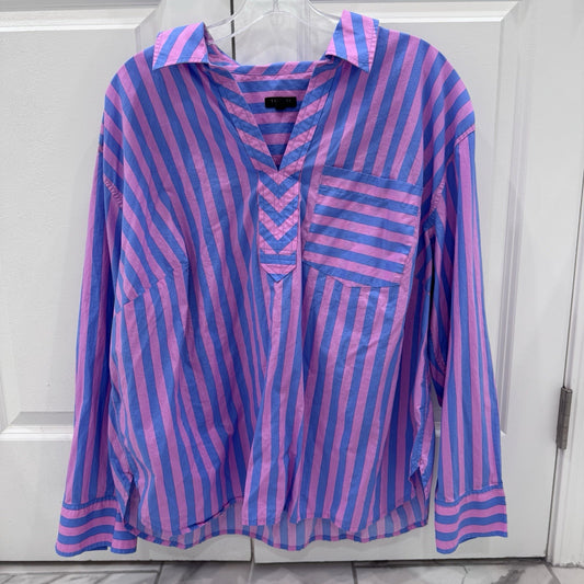 Talbots Plus Womens Striped Popover Blouse 1X Pink Blue Cotton Top
