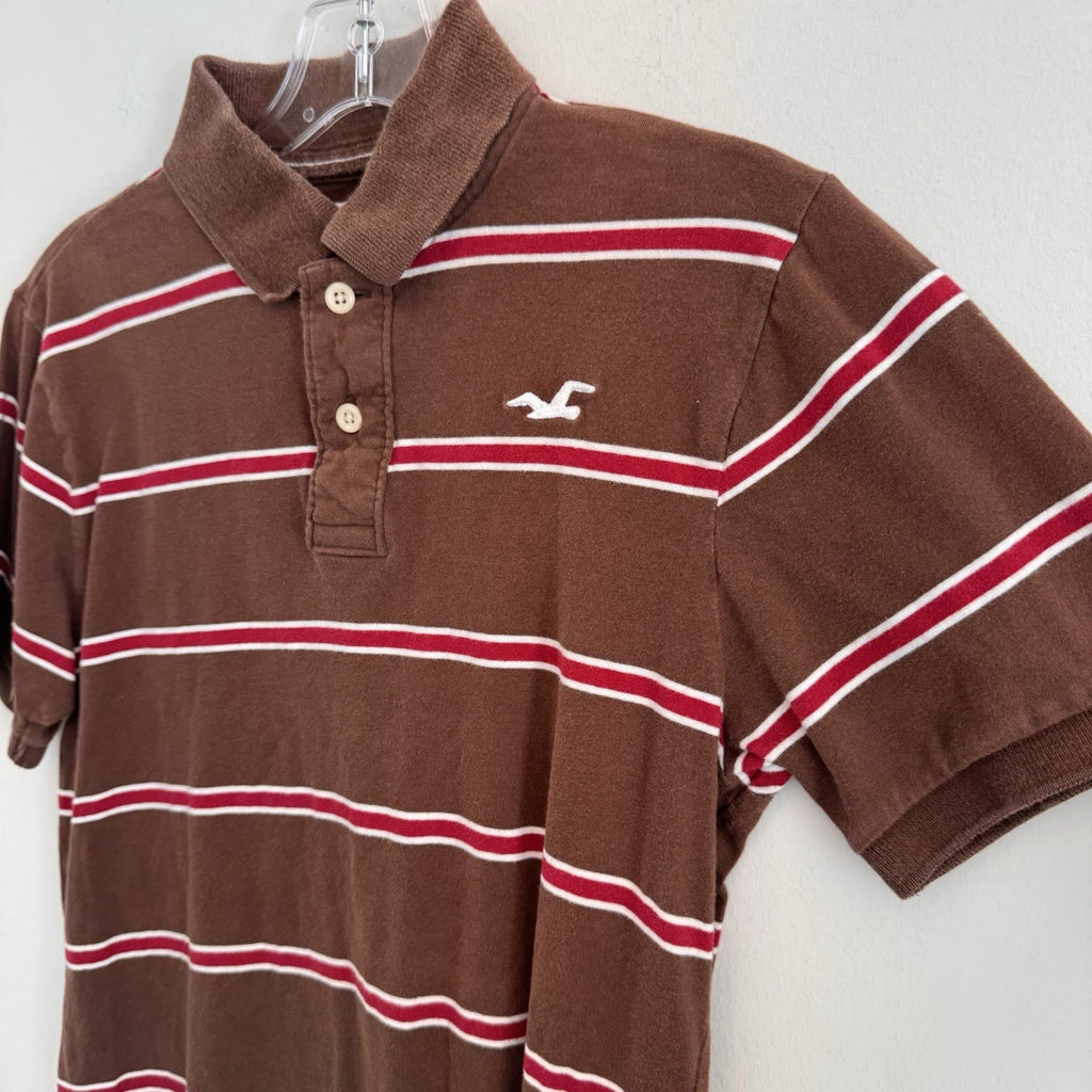 Y2K Hollister Polo Shirt Brown Red Stripe Logo Cotton Preppy Mens Small 