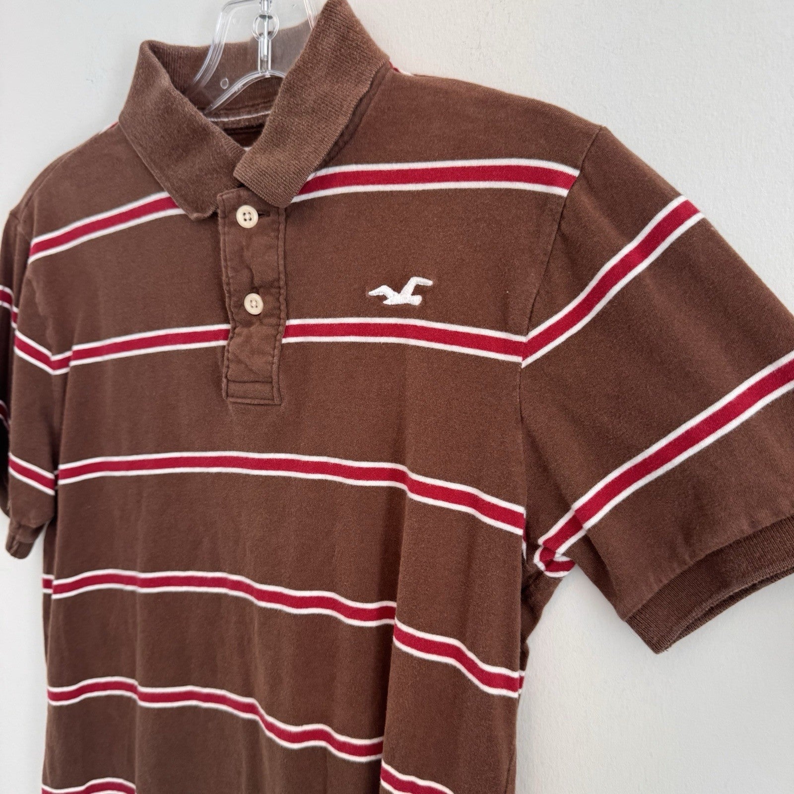 Y2K Hollister Polo Shirt Brown Red Stripe Logo Cotton Preppy Mens Small 