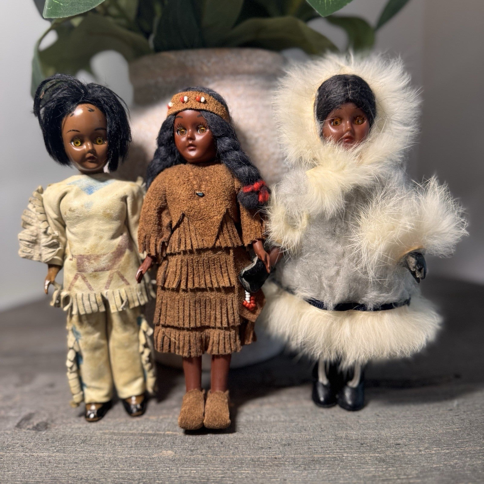 Vintage Native American & Eskimo Style Doll Trio 8" Fringed Buckskin Faux Fur