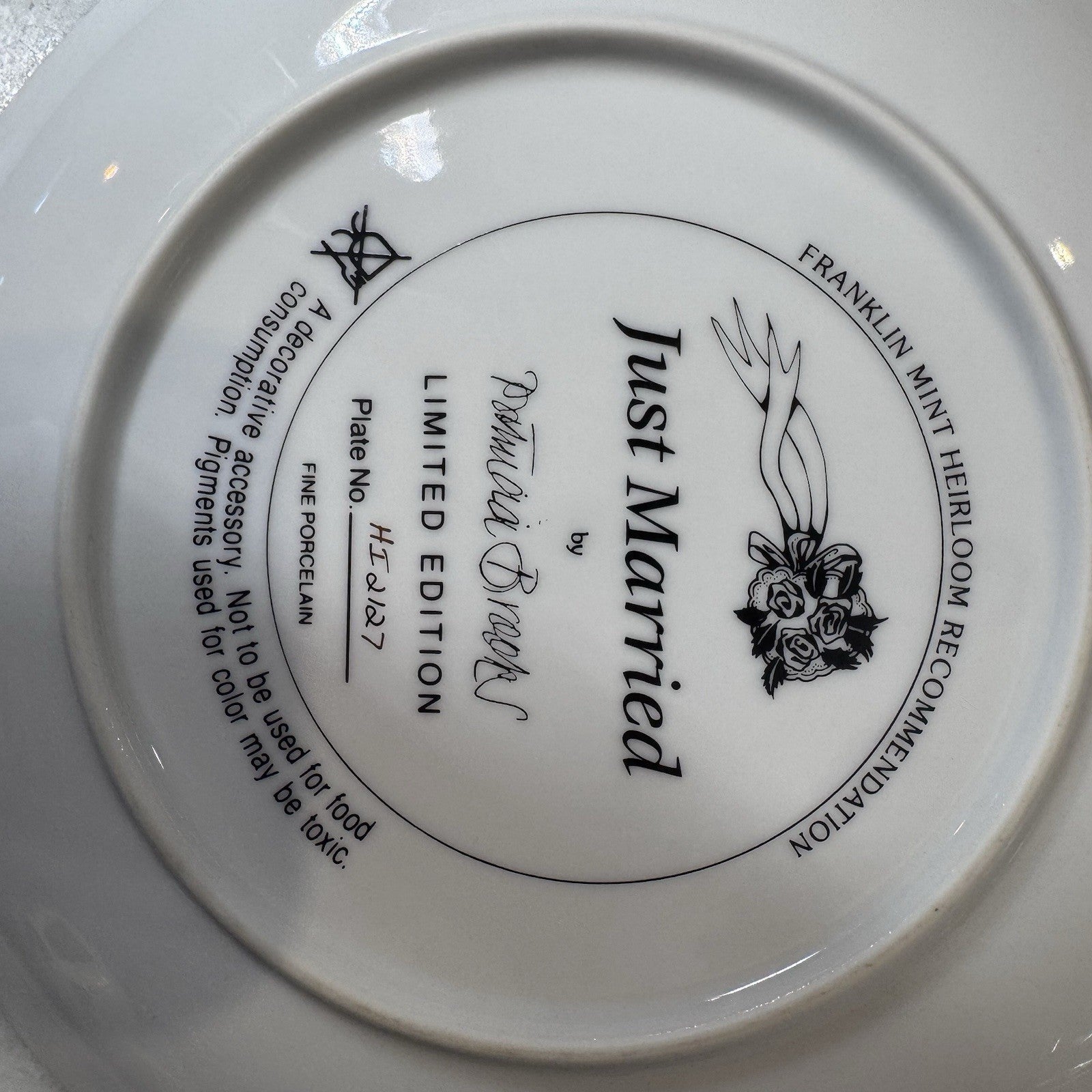 Franklin Mint Just Married Teddy Bear Wedding Collector Plate 8” Gold Trim