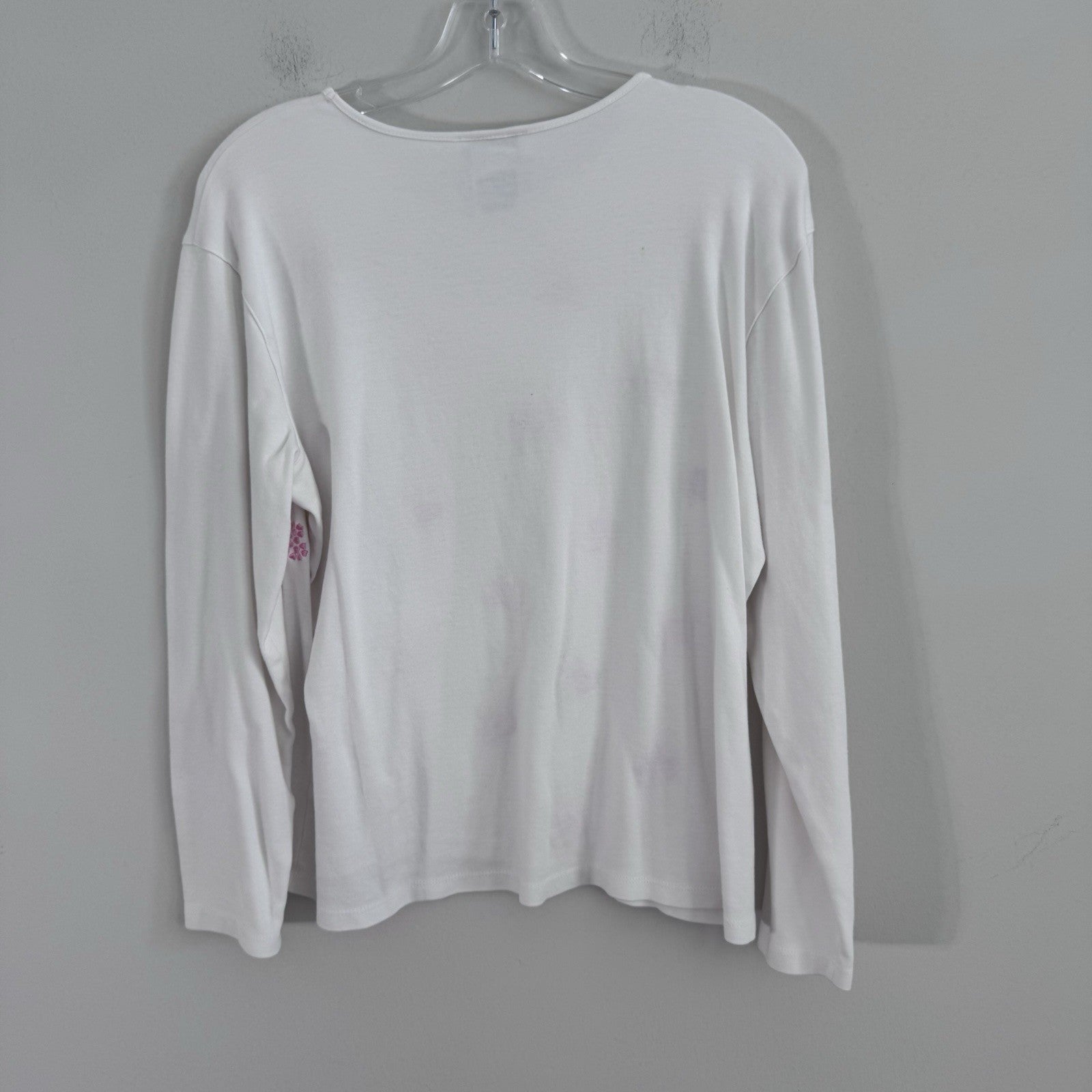 Talbots Womens Large White Pink Heart Print Long Sleeve Cotton Knit Top