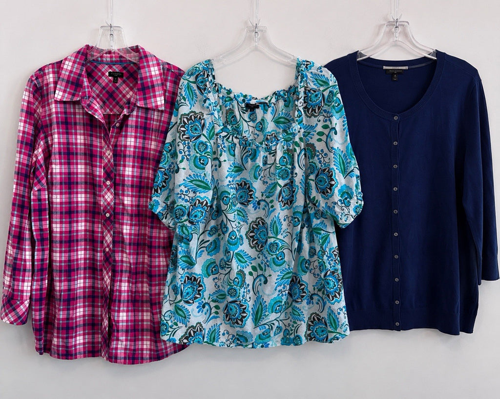 Talbots Women’s Plus 1X Top Lot Plaid Floral Cardigan Cotton 3Pc