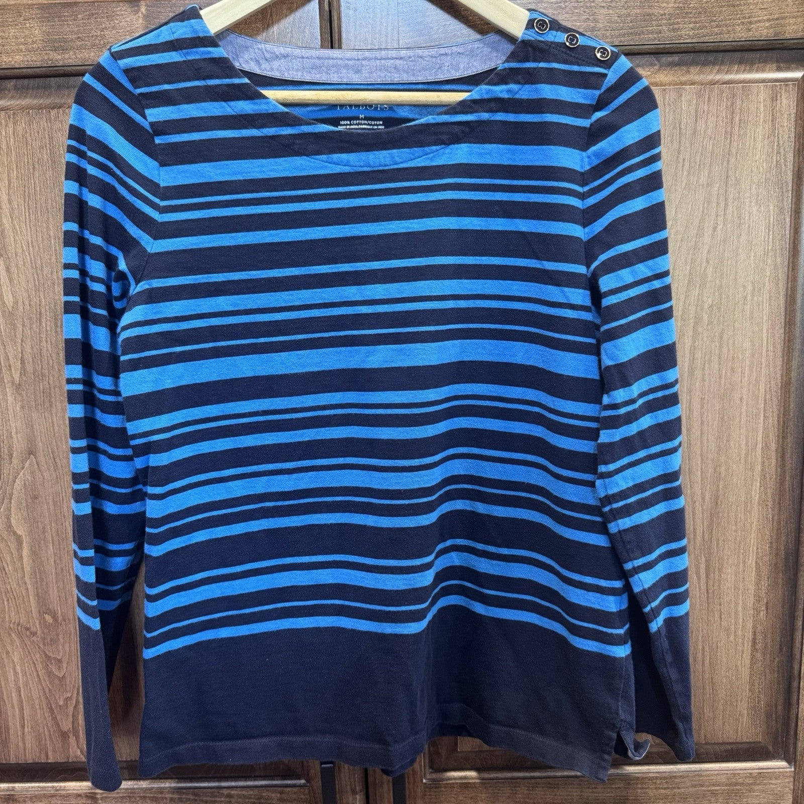 Talbots Women’s Striped Long Sleeve Top Blue Black Cotton Size M 