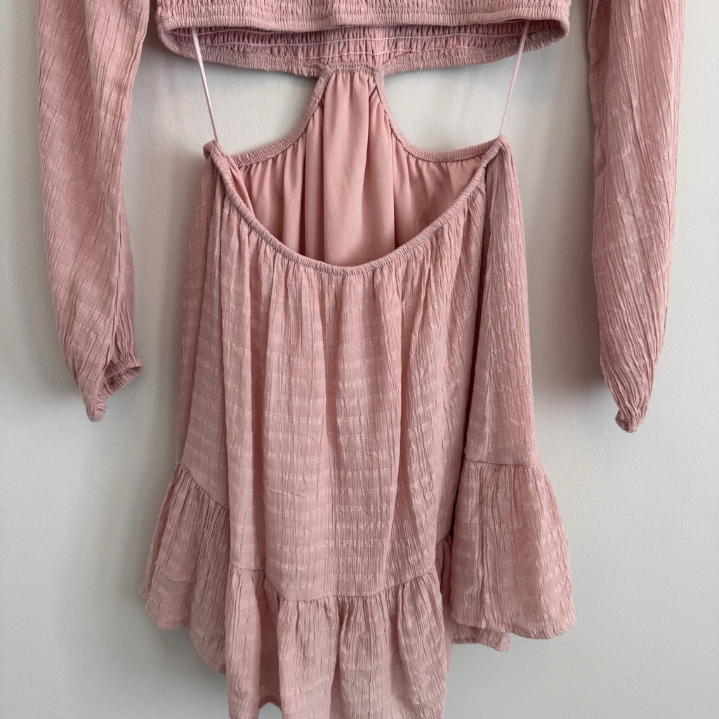 Altar'd State Pink Cutout Mini Dress Small Boho Smocked Long Sleeve Women’s
