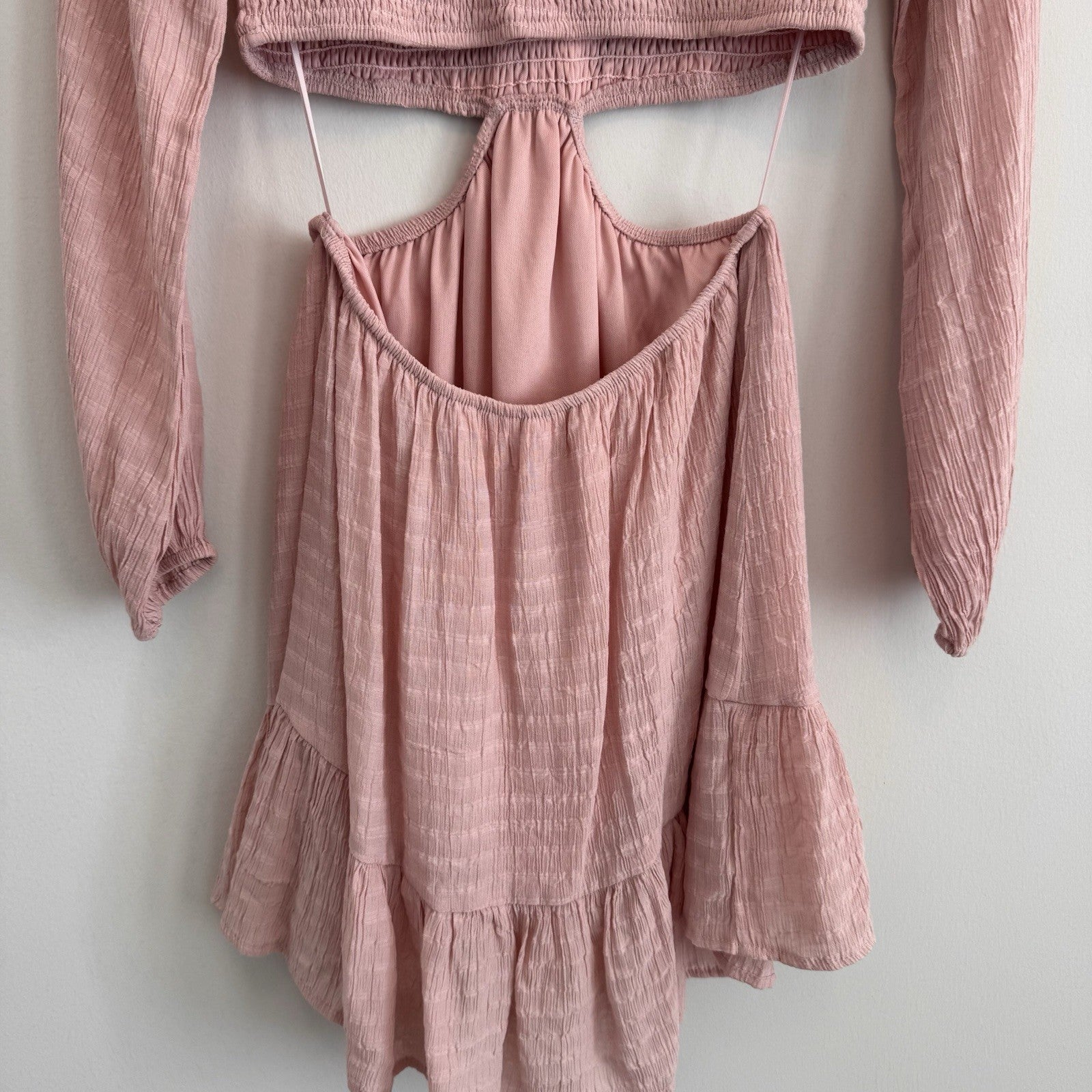 Altar'd State Pink Cutout Mini Dress Small Boho Smocked Long Sleeve Women’s